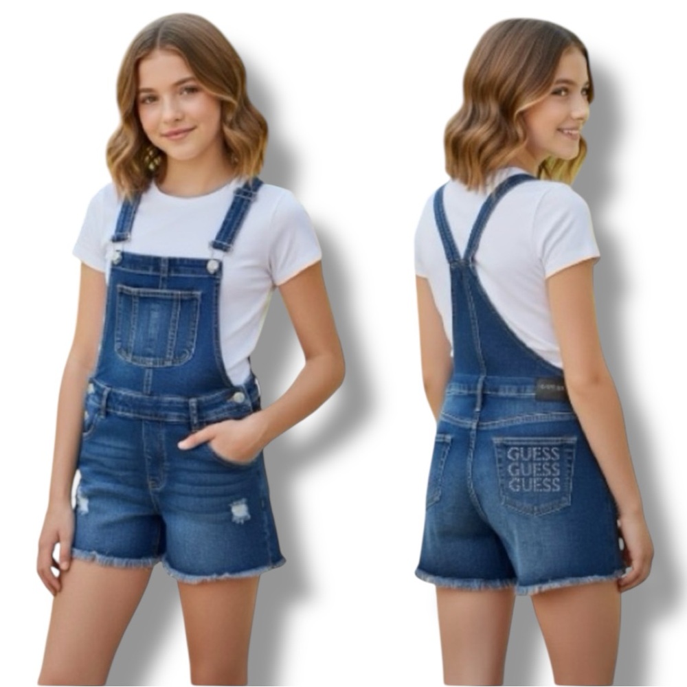 GUESS Vintage Y2K Distressed Denim Overalls Shortalls Rhinestone Logo Girls 16